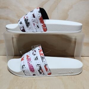 Adidas Adilette Slides Women 7 White Multicolor Sandals Beach Athleisure Comfy